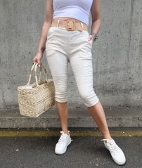 Béžové 3/4 elastické mačkané kalhoty s páskem CAPRI FLEX