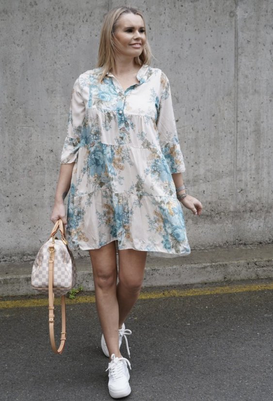 Krémové boho šaty s tyrkysovými květy BOHO BLOOM
