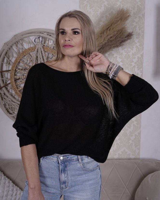 Černý svetřík netopýřího střihu s mašlí na zádech BELLA BOW