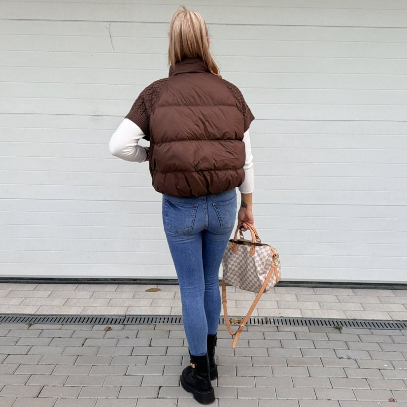 Čokoládově hnědá prémiová péřová vesta s pleteným detailem ASPEN