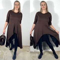 Čokoládově hnědé dlouhé kombinované šaty s tylem GRACE