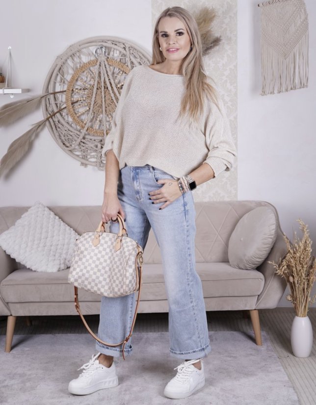 Béžový svetřík netopýřího střihu s mašlí na zádech BELLA BOW