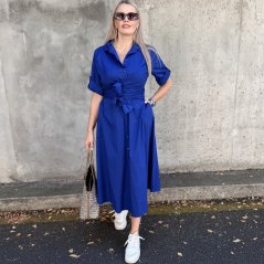 Královsky modré dlouhé trendy košilové šaty s vázáním CELESTE