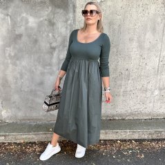 Olivově zelené dlouhé kombinované šaty GETTING