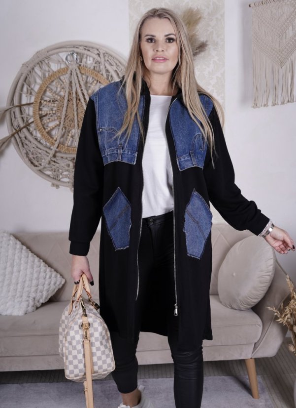 Černá dlouhá kombinovaná mikinová bunda DENIM STREET REBEL