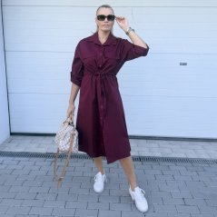 Burgundy červené dlouhé košilové šaty se stažením v pase VILLE