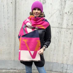 Růžové-tmavě modrá maxi oboustranná kašmírová šála LOUSA