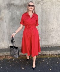 Červené dlouhé trendy košilové šaty s vázáním CELESTE