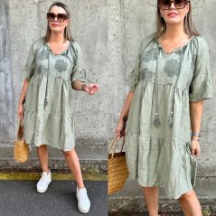 Khaki boho šaty s vyšívanými květy FRILANA