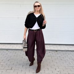 Burgundy červená teplejší kalhotová sukně s jemným proužkem a páskem LUX WINTER