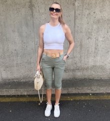 Khaki 3/4 elastické mačkané kalhoty s páskem CAPRI FLEX