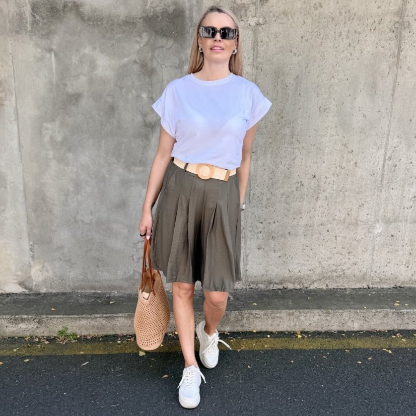 Khaki stylové bermudy se sklady a elastickým páskem SANDY