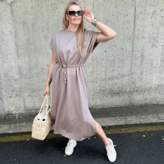 Mokka hnědé dlouhé basic maxi šaty s pleteným páskem SOLEA