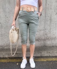 Khaki 3/4 elastické mačkané kalhoty s páskem CAPRI FLEX
