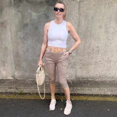 Mokka hnědé 3/4 elastické mačkané kalhoty s páskem CAPRI FLEX