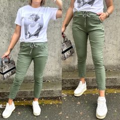 Khaki elastické mačkané kalhoty zdobené knoflíky BOTTOM