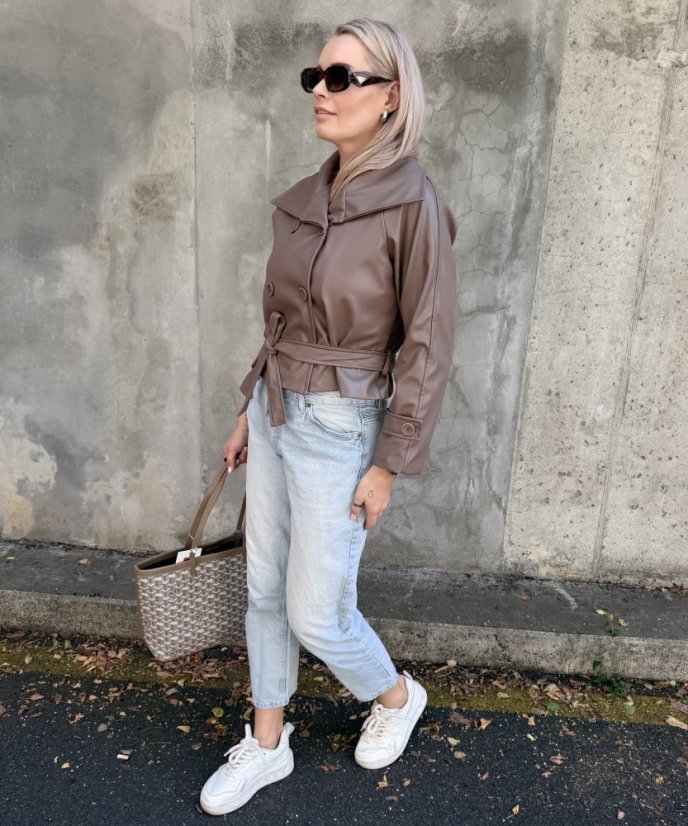 Mokka hnědý koženkový trendy kabátek LUX CELINA