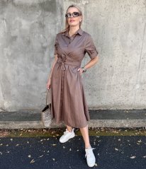 Mokka hnědé dlouhé trendy košilové šaty s vázáním CELESTE