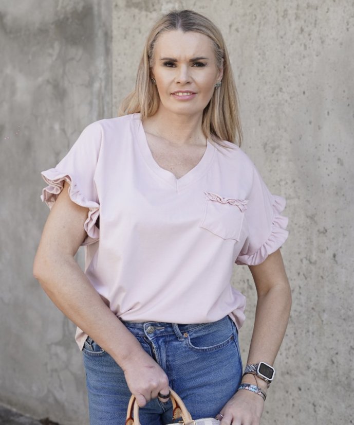 Pudrově růžové bavlněné tričko POCKET FRILL