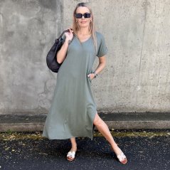 Khaki dlouhé basic bavlněné šaty SUNDAY