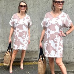 Bílé lněné šaty s pudrově růžovým vzorem COW