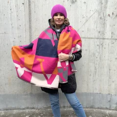 Růžové-tmavě modrá maxi oboustranná kašmírová šála LOUSA