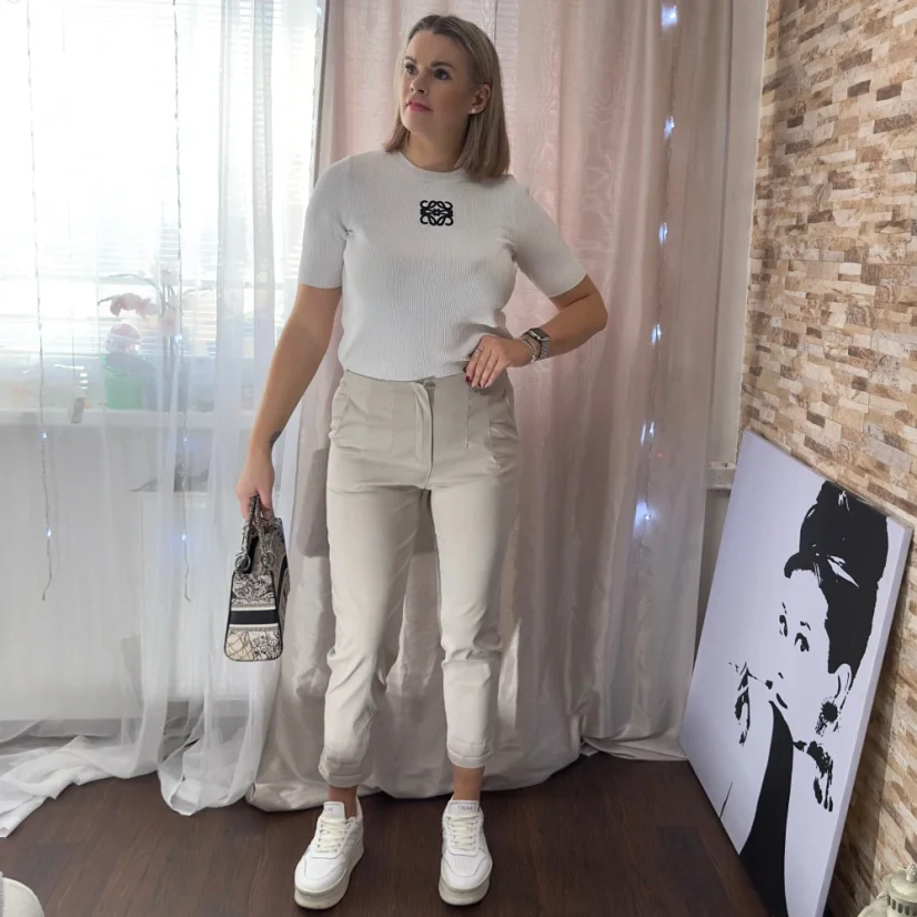 Béžové elastické trendy kalhoty CHIC