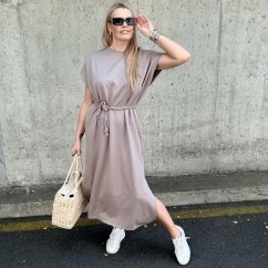 Mokka hnědé dlouhé basic maxi šaty s pleteným páskem SOLEA