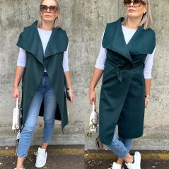 Smaragdově zelená dlouhá flaušová vesta s velkým límcem MOULEN