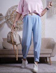 Světle modré kalhoty z máslového materiálu s hnědým páskem ELSA