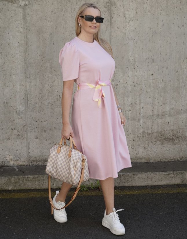 Světle růžové midi šaty z máslového materiálu s páskem PURE LINE