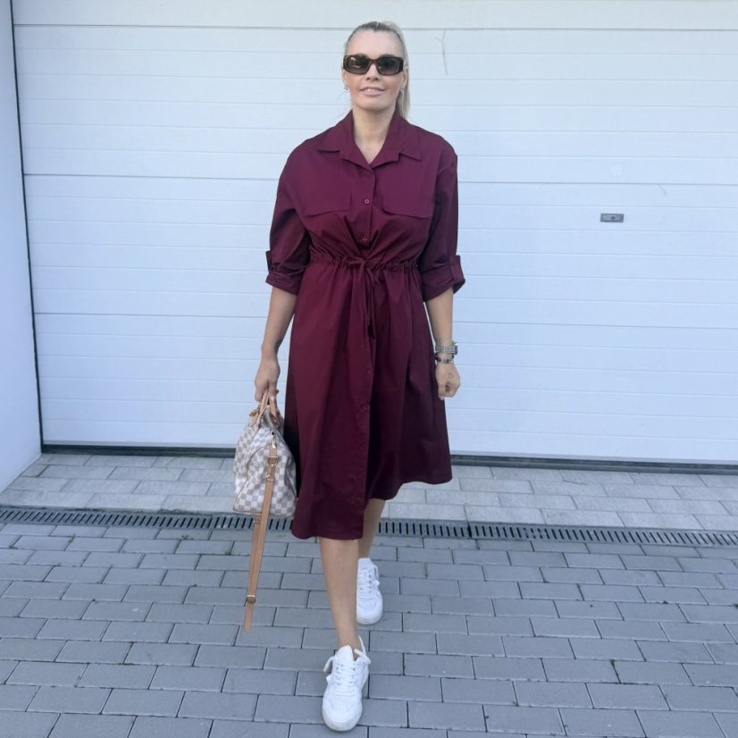 Burgundy červené dlouhé košilové šaty se stažením v pase VILLE