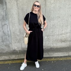 Černé dlouhé basic maxi šaty s pleteným páskem SOLEA