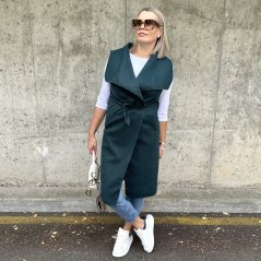 Smaragdově zelená dlouhá flaušová vesta s velkým límcem MOULEN