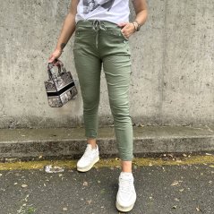 Khaki elastické mačkané kalhoty zdobené knoflíky BOTTOM