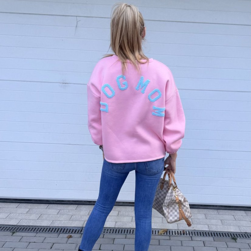 Růžová prémiová mikina s modrým nápisem DOG MOM