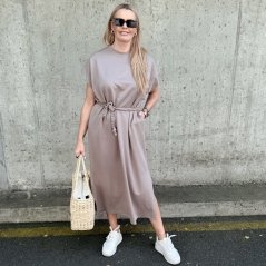 Mokka hnědé dlouhé basic maxi šaty s pleteným páskem SOLEA