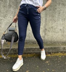Tmavě modré elastické mačkané kalhoty zdobené knoflíky BOTTOM