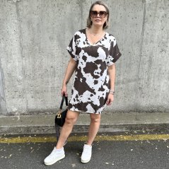 Bílé lněné šaty s tmavě hnědým vzorem COW
