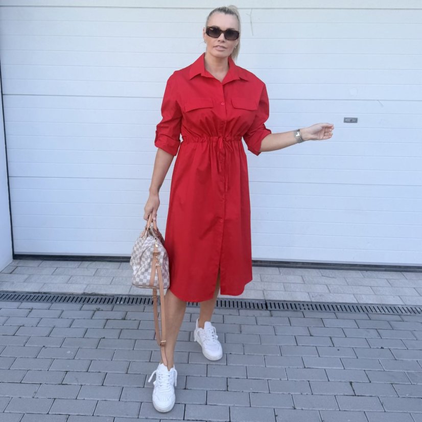 Červené dlouhé košilové šaty se stažením v pase VILLE