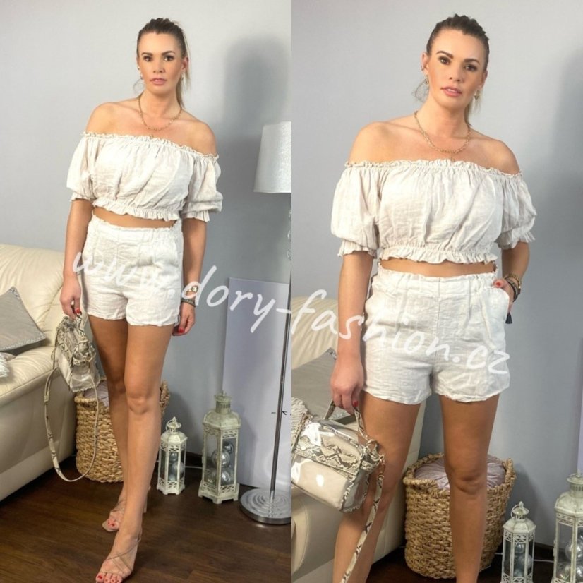 Béžová lněná souprava kraťasy a top CLEO - Velikost: UNI