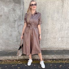 Mokka hnědé dlouhé trendy košilové šaty s vázáním CELESTE