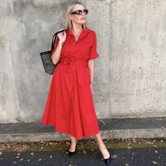Červené dlouhé trendy košilové šaty s vázáním CELESTE