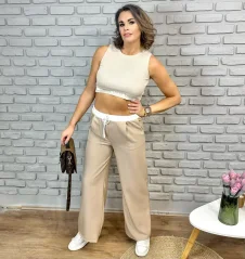 Béžové široké kalhoty s bílým pasem POWER