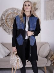 Černá dlouhá kombinovaná mikinová bunda DENIM STREET REBEL