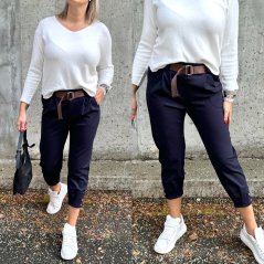 Tmavě modré kalhoty s hnědým páskem AUTUMN