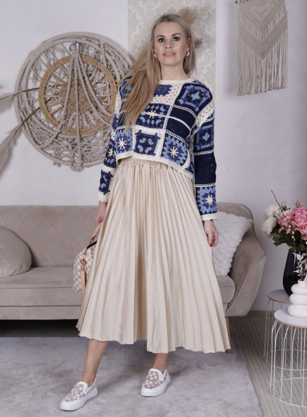 Modro-krémový ažurový boho svetr YASMINE
