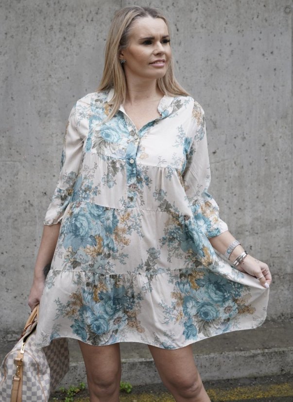 Krémové boho šaty s tyrkysovými květy BOHO BLOOM