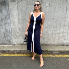 Tmavě modré dlouhé elastické šaty na ramínka SPY