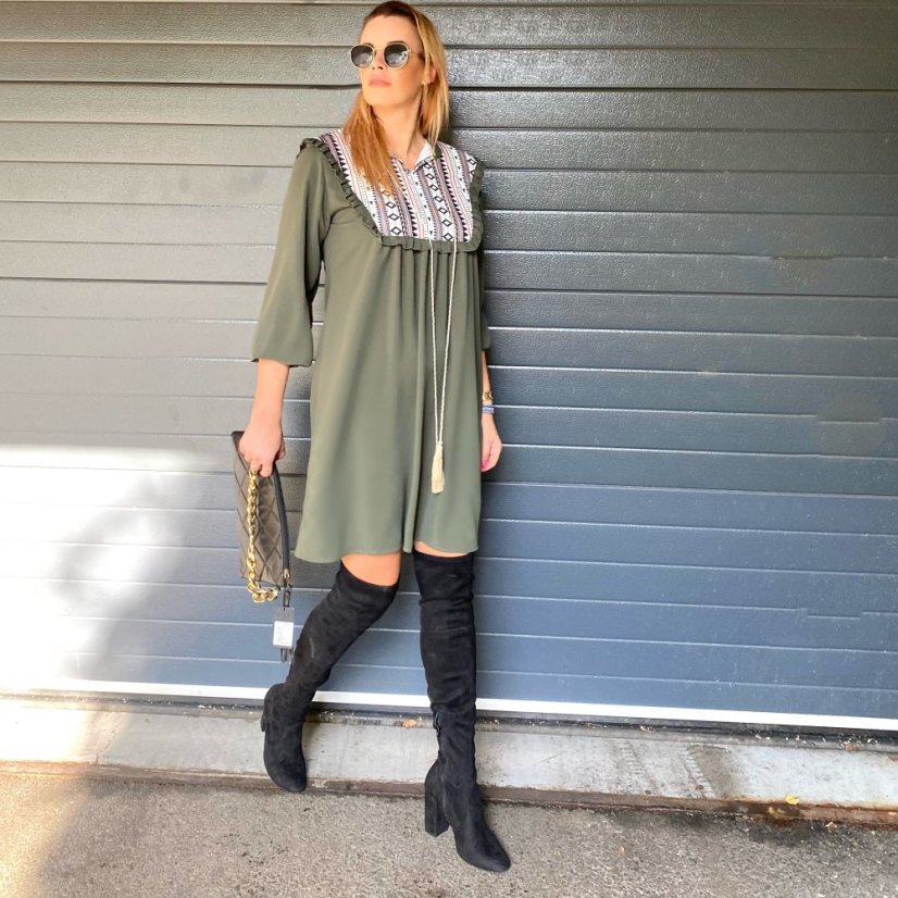 Khaki boho šaty se vzorovanou vsadkou CHARRONE